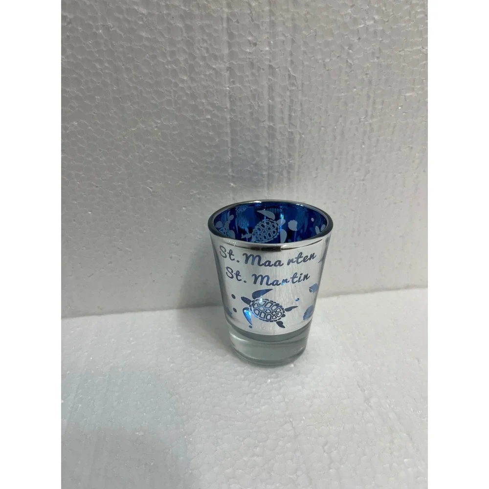 St Maarten St Martin Souvenir Shot Glass Blue Silver Mirrored Sea Turtle Coastal